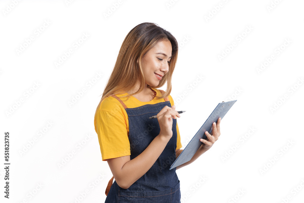 Smiling female asian people wearing apron working in a bakery coffee shop owner isolated on white background. Smiling female asian people wearing apron working in a bakery coffee shop owner isolated on white background.