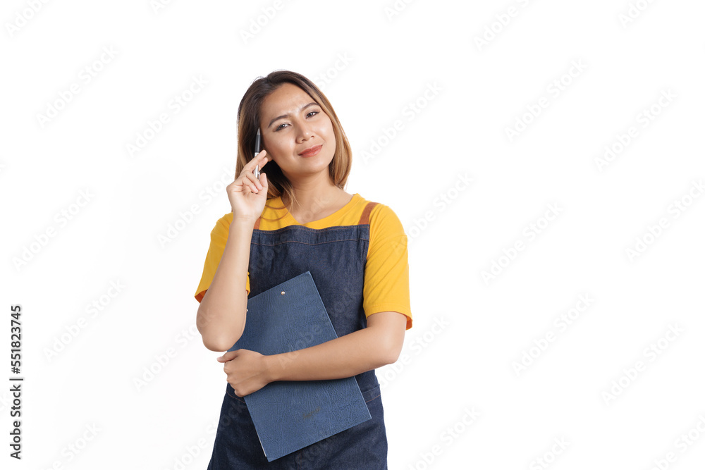 Smiling female asian people wearing apron working in a bakery coffee shop owner isolated on white background. Smiling female asian people wearing apron working in a bakery coffee shop owner isolated on white background.