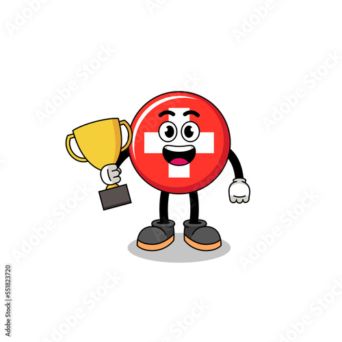 Cartoon mascot of switzerland holding a trophy