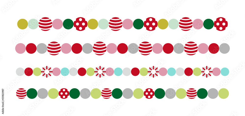 Set of pattern borders for Christmas concept in winter season December. Colorful ball-shaped design with dot and stripe patterns. Set of pattern borders for Christmas concept in winter season December. Colorful ball-shaped design with dot and stripe patterns.