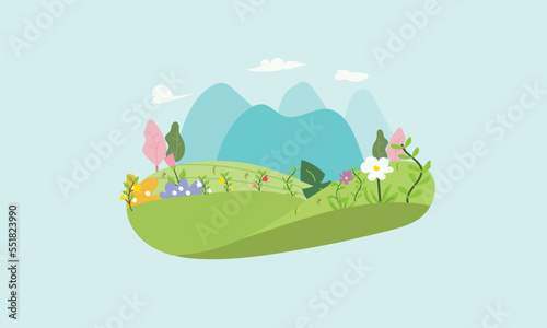 vector illustration of a landscape of green fields with mountains and full of blooming flowers.