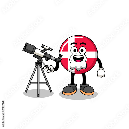 Illustration of denmark flag mascot as an astronomer