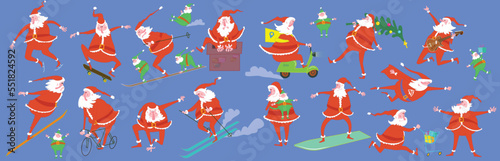 vector image of a set of santa claus in different poses of actionsyu stylecartoon