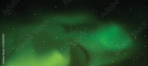 Vector illustration with night starry sky and aurora northern lights. Outer Space galaxy on green black dark background. christmas winter background new year eve