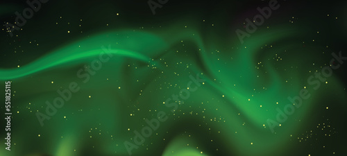 Vector illustration with night starry sky and aurora northern lights. Outer Space galaxy on green black dark background. christmas winter background new year eve