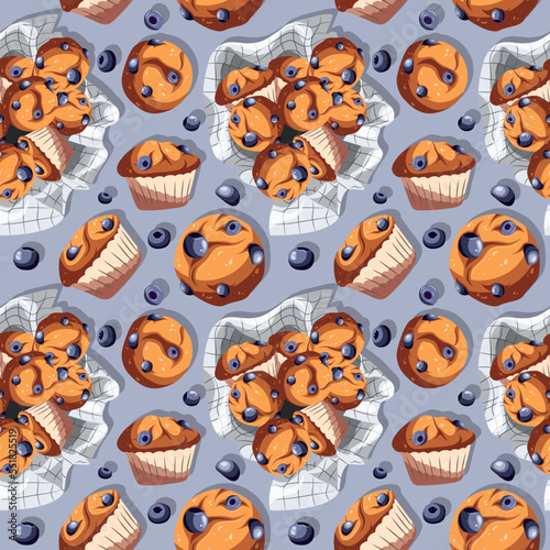 Seamless pattern. Vector illustration of many blueberry muffins isolated on blue. Pastry, bakery, confectionery, cafe concept.