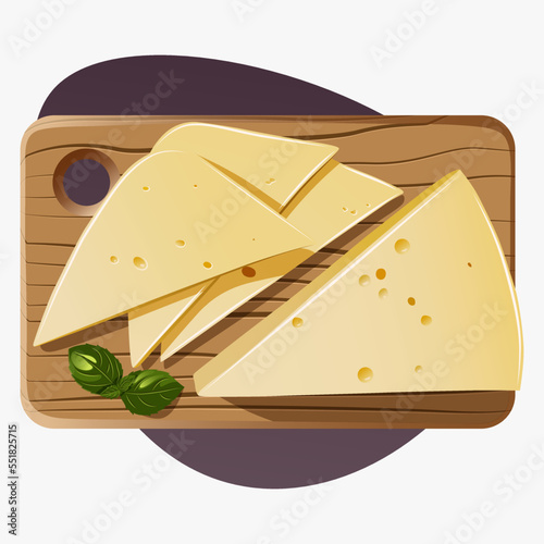 Vector illustration of sliced cheese on a wooden tray isolated on white. Top view, clip-art concept.