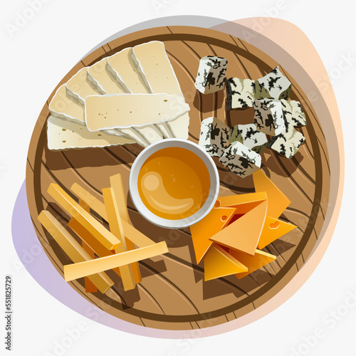Vector illustration of Cheese plate with various cheese and honey in the middle isolated on white background.