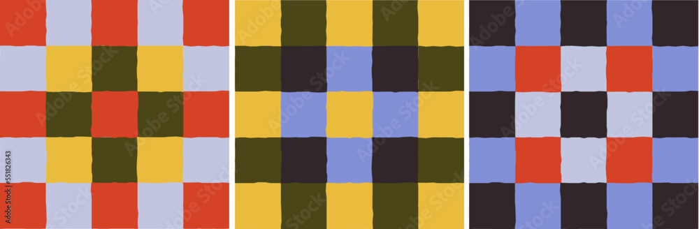 Checkered Color Combination Retro Pattern. Retro Inspired Colorful Pattern Design. Cutout Checkered Pattern. Purple, Yellow, Red.
