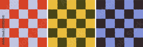 Checkered Colorful Retro Pattern. Retro Inspired Colorful Pattern Design. Checkered Design with Purple, Yellow, Red Squares.