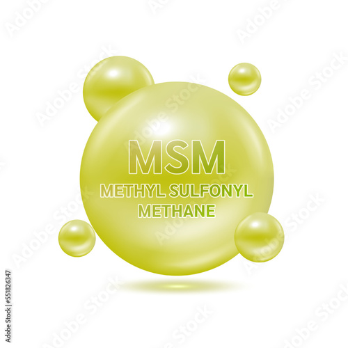 Methyl Sulfonyl Methane (MSM), Vitamin for health. Helps maintain strong bone. Medical health care concept. 3D Isolated on white background Vector. Used for nutrition products food template design.