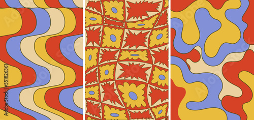 Retro Colorful Graphic Pattern Illustration. Retro Inspired Colorful Pattern Design. Flowers, Rainbow, and Waves.