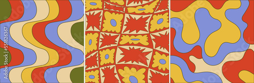 Retro Colorful Graphic Pattern Illustration. Retro Inspired Colorful Pattern Design. Flowers, Rainbow, and Waves.