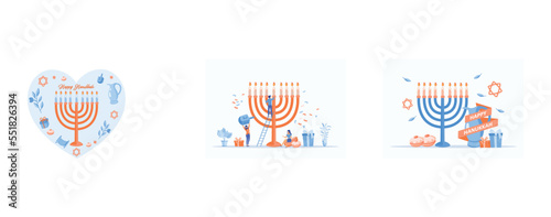  symbols for the Jewish Holiday Hanukkah, concept of Hanukkah holiday menorah decoration with happy tiny people character, Hand sketched Happy Hanukkah logotype, set flat vector modern illustration