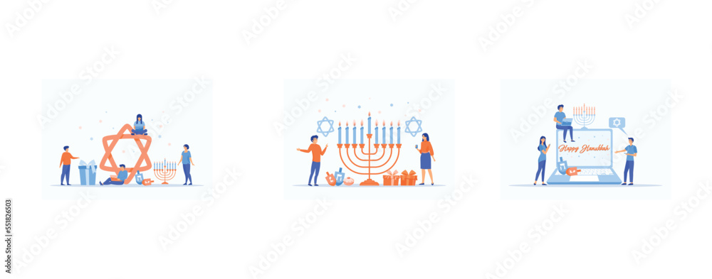 Happy Hanukkah. Traditional jewish holiday with tiny people and symbols - menorah candles, dreidels spinning top, star David. Modern flat cartoon style, set flat vector modern illustration