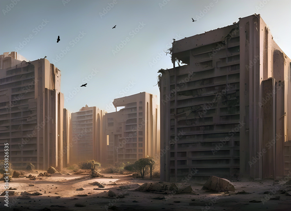 Abandoned brutalist concrete desert city with crows flying over ruined buildings, apocalyptic fantasy conceptual art. generative ai