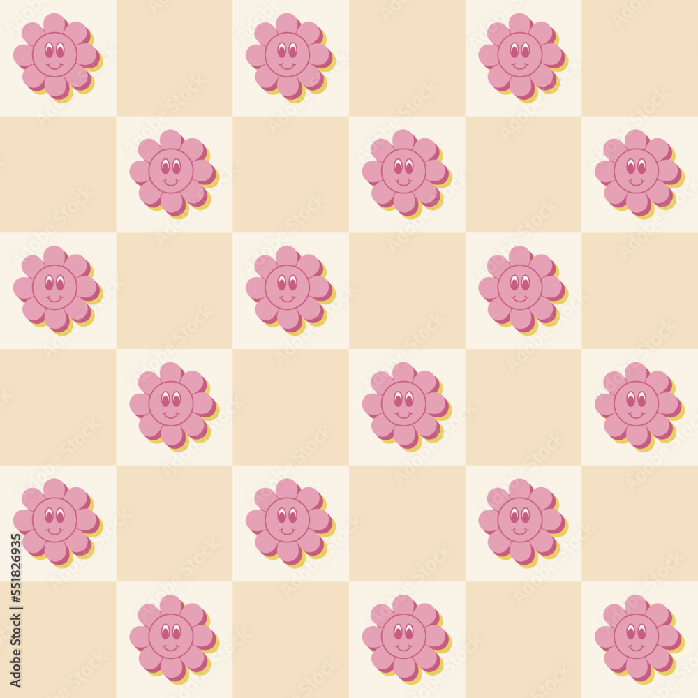 Abstract groovy cute flowers seamless pattern on checkered background in retro hippie style. Vector illustration Abstract groovy cute flowers seamless pattern on checkered background in retro hippie style. Vector illustration