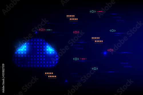 Cloud data storage concept. Cloud computing with transfer line in technology background. Communication of business and financial.