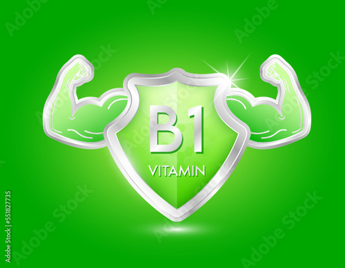 label shield aluminum vitamin B1 green with arm muscles strong. Protection body stay healthy. Silver shield label sticker icon 3d isolated realistic for nutrition products food. Vector illustrator.