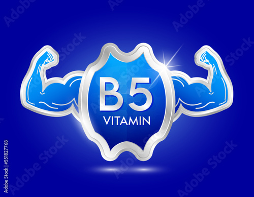 label shield aluminum vitamin B5 blue with arm muscles strong. Protection body stay healthy. Silver shield label sticker icon 3d isolated realistic for nutrition products food. Vector illustrator.