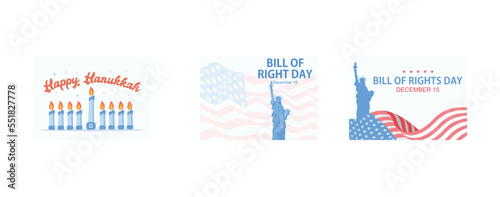 Poster with all blue lighted candles for Hanukkah's last day of celebration over a blue dark background, Bill of Rights Day in the United States, December 15, set flat vector modern illustration