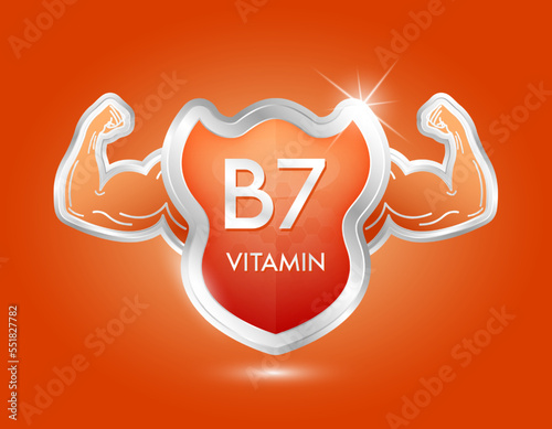 label shield aluminum vitamin B7 orange with arm muscles strong. Protection body stay healthy. Silver shield label sticker icon 3d isolated realistic for nutrition products food. Vector illustrator.