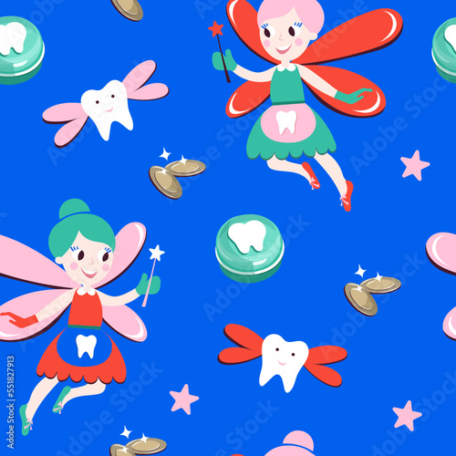 Tooth Fairy Kids Seamless Pattern with  lost teeth box, coins, wings and stars. Cute flat vector illustration for fabric, textile, wallpaper, background, cover. © Dasha