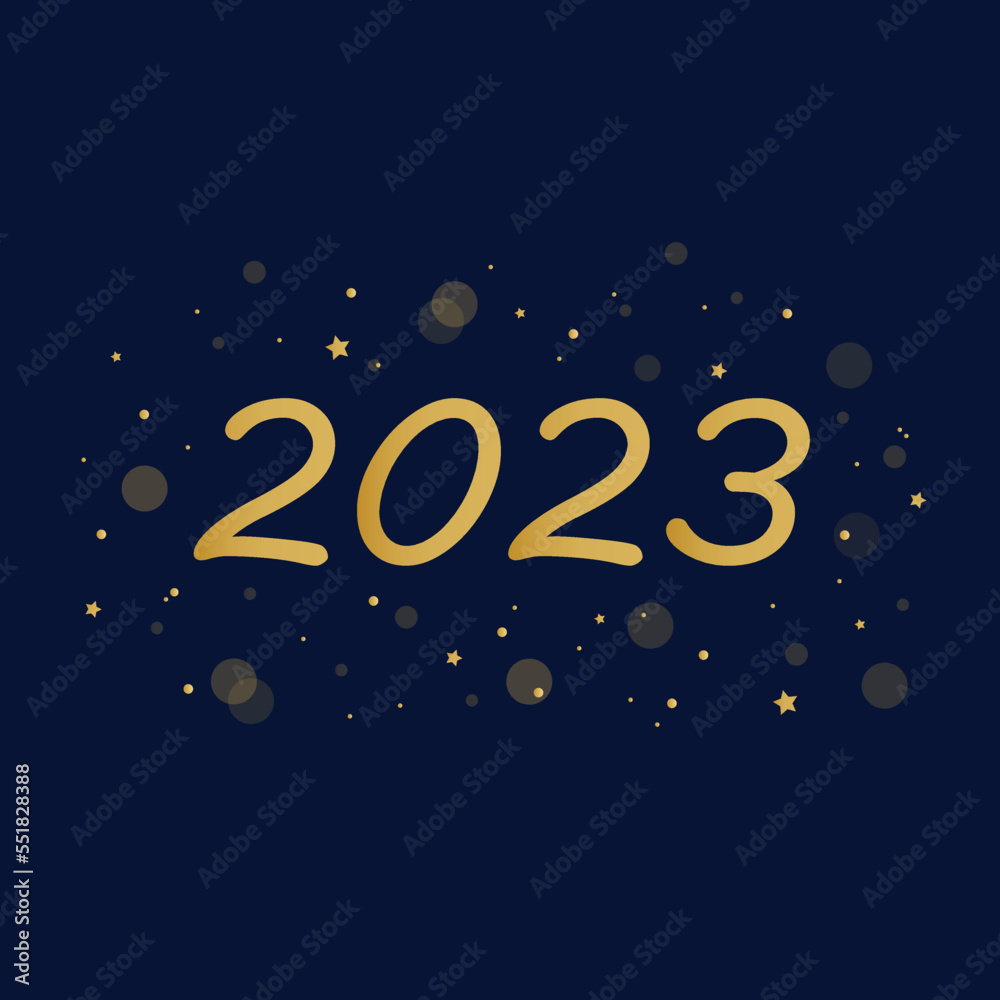 Happy new year 2023 card with bokeh and light effect,  Elegant gold text.