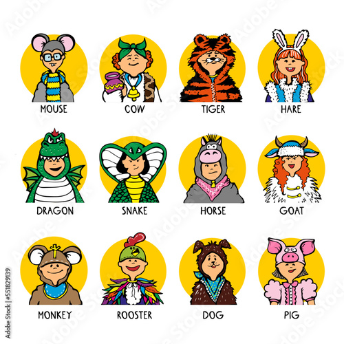 Crazy cute 12 kids in color fancy dress and carnival costumes as oriental zodiac animals for chinese new year horoscope in yellow circles