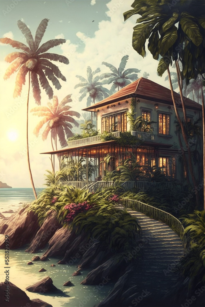 Fototapeta premium Illustration of summer houses at the ocean or sea with dramatic sky at sunset.Ai generated content