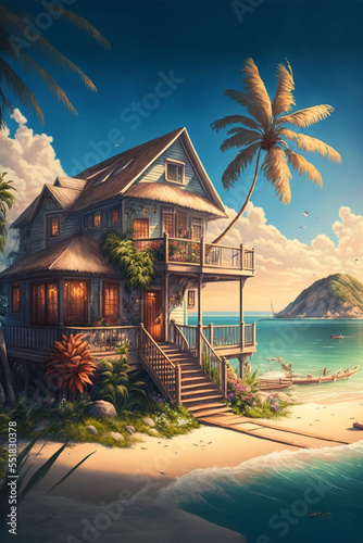 Illustration of summer houses at the ocean or sea with dramatic sky at sunset.Ai generated content