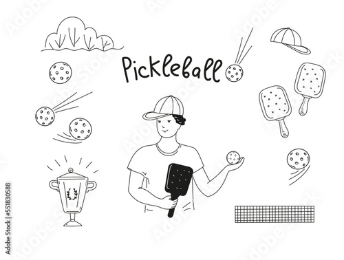 Pickleball game doodle set. Vector outline illustration.