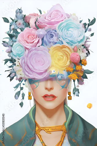 Generative AI ritratto donna messicana con fiori in testa generative ai photo