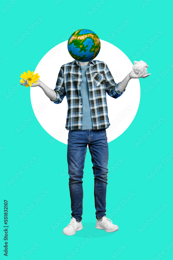 Fototapeta premium Creative photo 3d collage artwork poster brochure of responsible person choose save planet throw waste can isolated on painting background