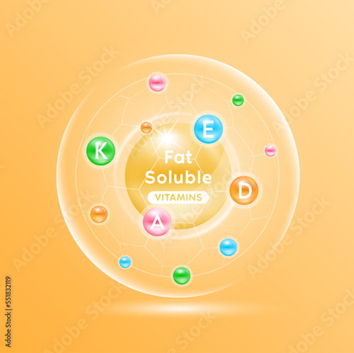 Fat soluble vitamins. Multivitamins capsules isolated on cream yellow background. Essential vitamin for human body. Medical scientific concepts. Ad dietary supplement for pharmacy or clinic. 3D Vector