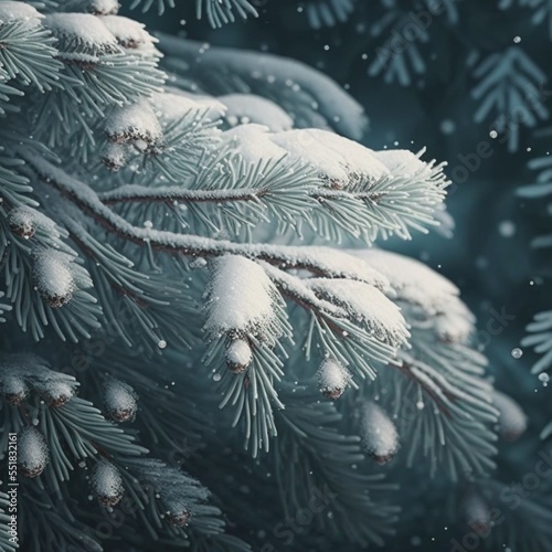 Christmas snowy fir tree branches close up