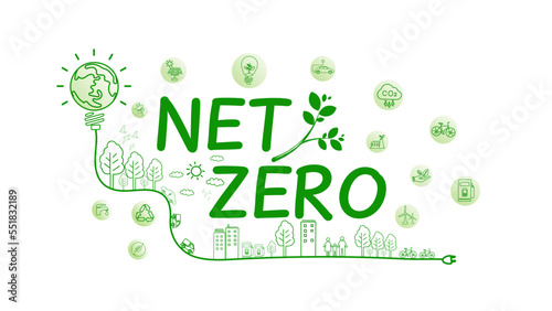 Net zero and carbon neutral concept. Net zero greenhouse gas emissions target. Climate neutral long term strategy with green net zero icon and green icon on green circles doodle background.