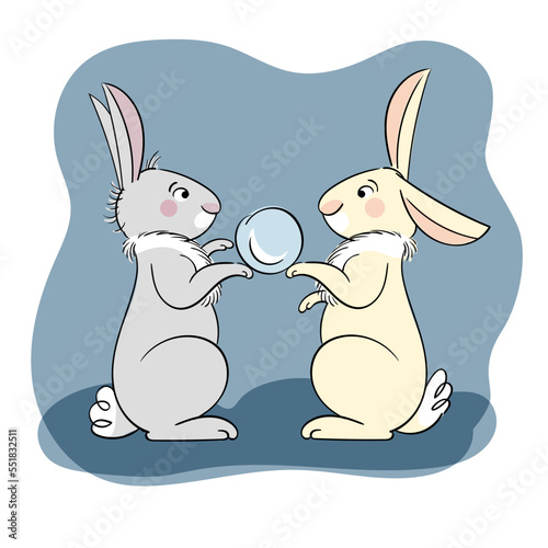 two bunnies playing snowballs in winter
