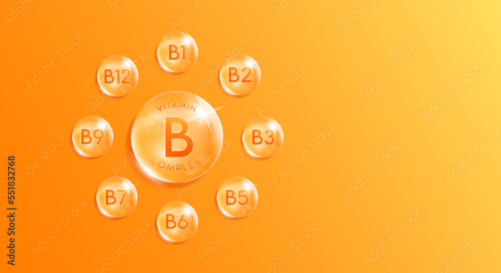 Vitamin B complex droplet, chemical formula from nature. Minerals water orange. Beauty treatment nutrition skincare design. With copy space for text. Medical scientific concepts. Realistic 3D Vector.