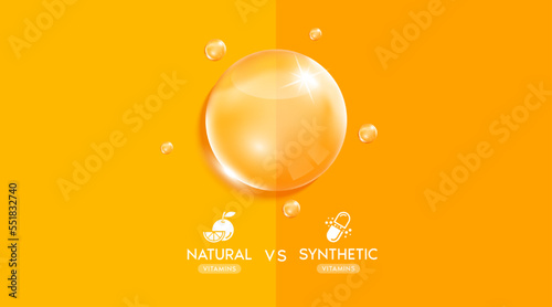 Synthetic and Natural vitamins droplet. Banner design for ad dietary supplement, pharmacy or clinic. Minerals complex water. With copy space for text. Medical concepts. Realistic 3D Vector.