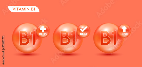 Vitamin B1 orange set. Vitamins plus best high. Icon 3D with medical symbols, arrows and check marks isolated on solid background. For food supplement design and beauty treatment skin care. Vector.