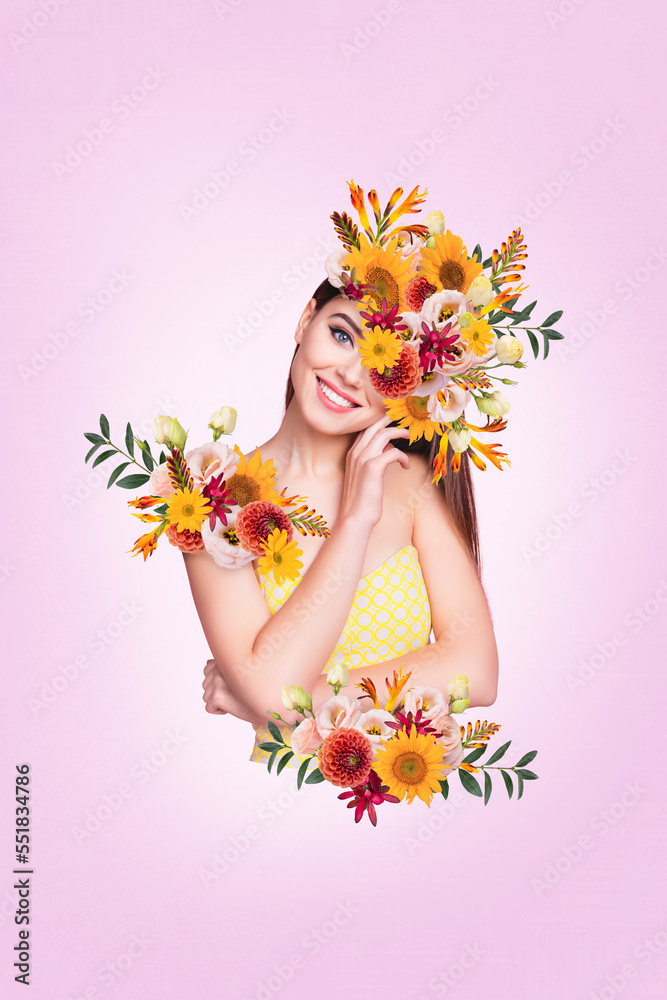 Poster collage banner of gentle lady dryad forest princess have wild garden flowers happy smiling on pink color background