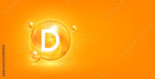 Vitamin D capsule orange golden. Vitamins complex isolated on orange background. Beauty nutrition skincare. For product banner design with copy space for text. Medical concepts. Icon 3D Vector EPS10.