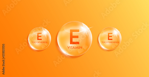Vitamin E complex droplet, chemical formula from nature. Minerals water orange. Beauty treatment nutrition skincare design. Medical scientific concepts. Realistic 3D Vector.
