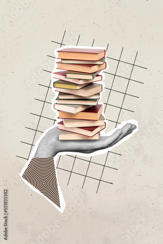 Collage photo concept of arm hold stack books from library shop get knowledge from literature interesting information isolated on grey background photo