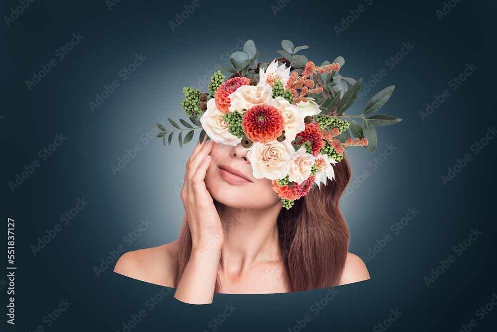 Creative banner collage of elegant lady with flower wreath touch face skin apply vitamin cream on dark color background