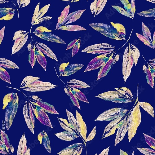 Abstract  leaves, mix of prints, repeat seamless pattern. Digital hand drawing with hand painted texture. endless mixed. Background for header, image for blog, decoration. Wallpaper, textile design.