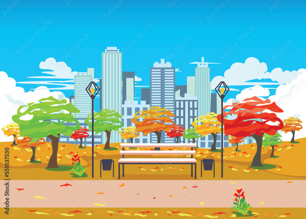 Vector illustration of an autumn city park with trees, variegated leaf fall, a park bench and lanterns on the background of a big city with skyscrapers in the daytime.