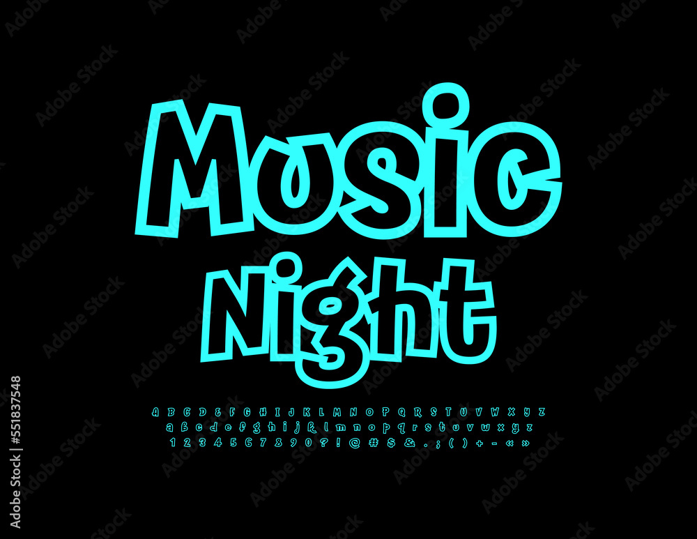 Vector event poster Music Night. Trendy style Font. Creative funky Alphabet Letters, Numbers and Symbols set