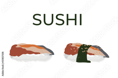 Sushi, traditional Japanese food. Asian seafood group. Template for sushi restaurant, cafe, delivery or your business.